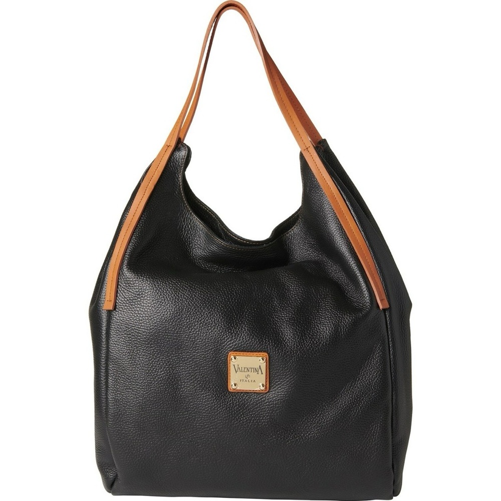 Valentina‎ Black and Tan Pebbled Leather Tote Shoulder Bag